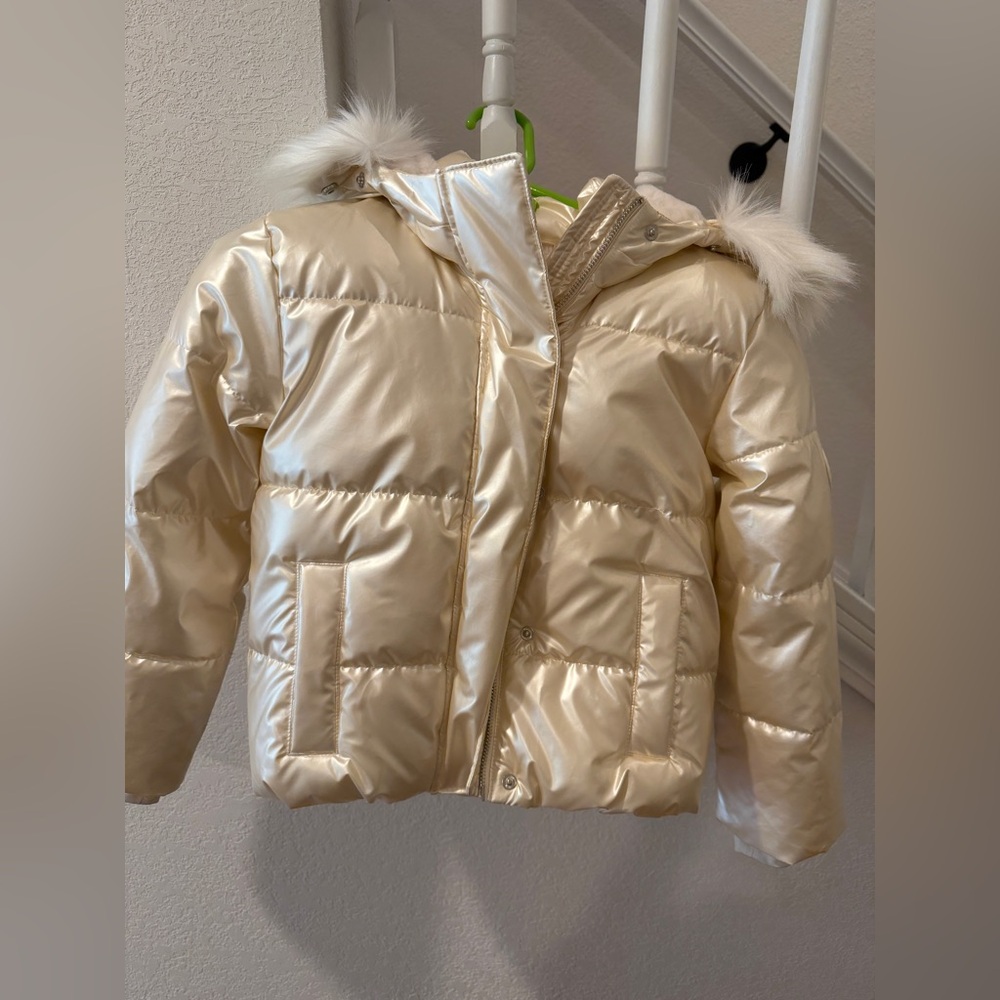 Abercrombie & Fitch Kids Shiny Cream Puffer Jacket with Faux Fur Hood